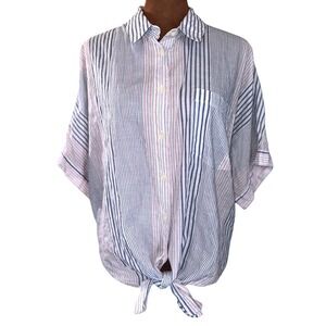 Madewell Striped Button-Up Shirt Women XXL Tie Hem Blue Red Cotton EUC Cropped